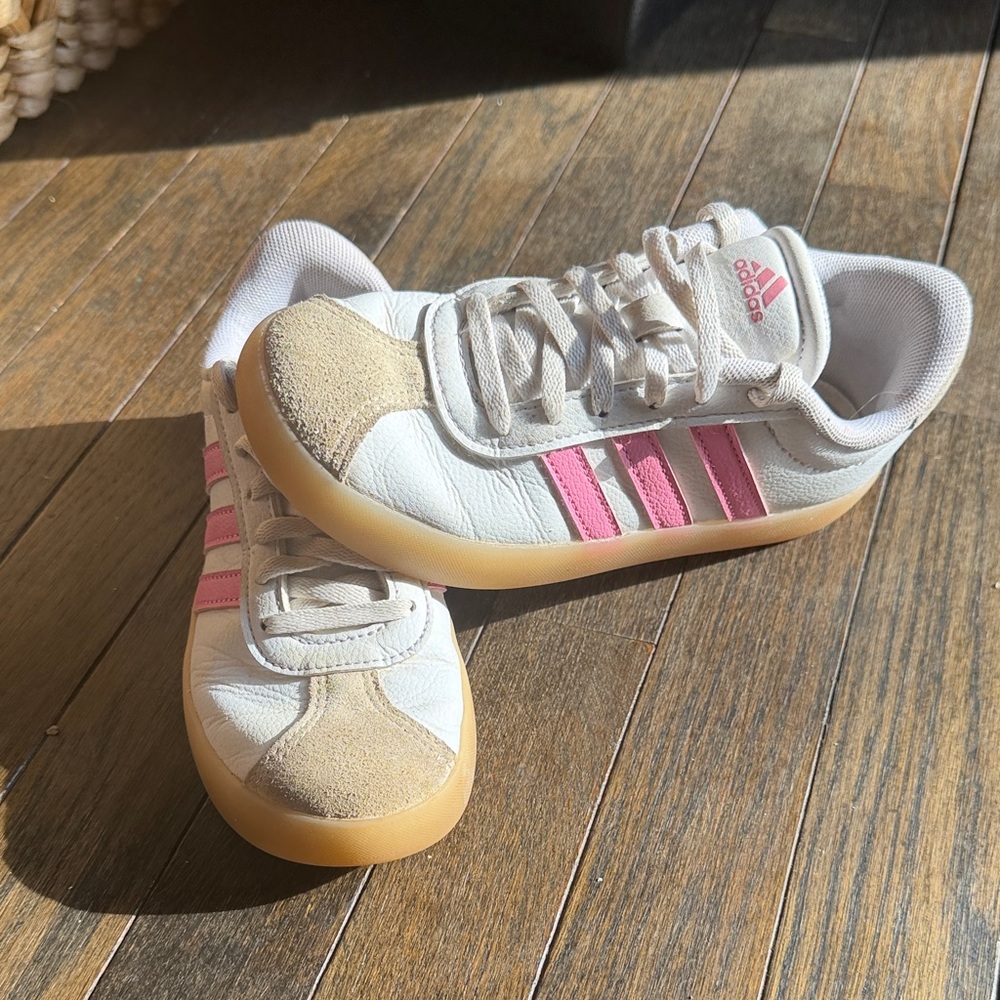adidas Kids White Sneakers with Pink Stripes and Gum Sole Accent